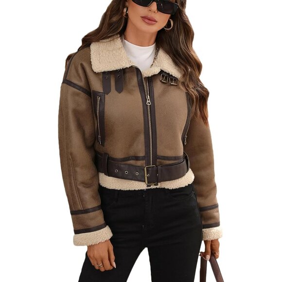 Jackets & Blazers - Women's Winter Faux Lamb Fur Leather Short Jacket Lapel Zipper Bomber Coat Camel